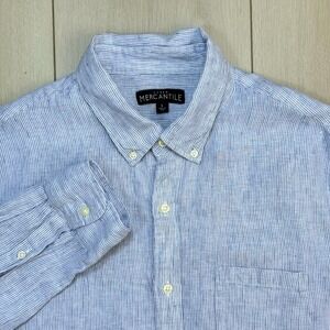J.Crew Mercantile Men's Size L Blue White Stripe 100% Linen Button Down Shirt